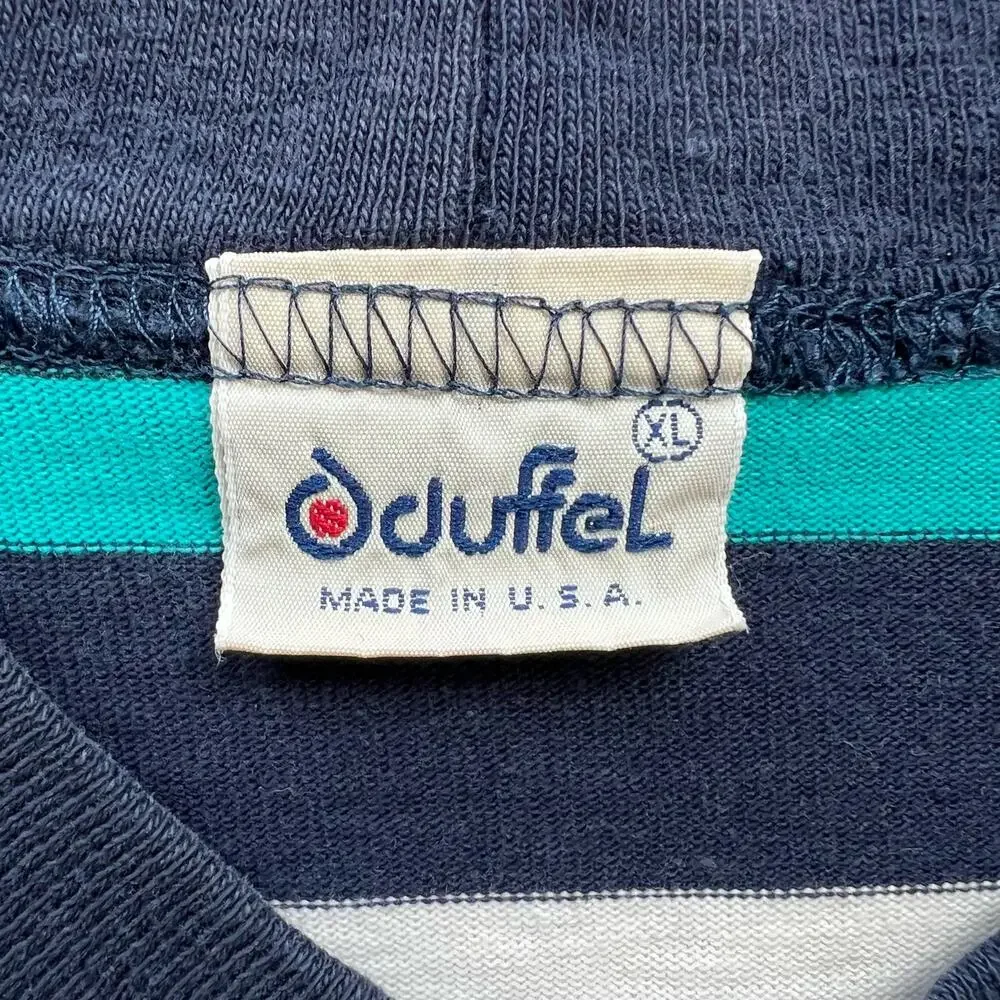 Vintage USA Made Duffel Striped T Shirt Navy Blue Teal White Preppy XL L Skater